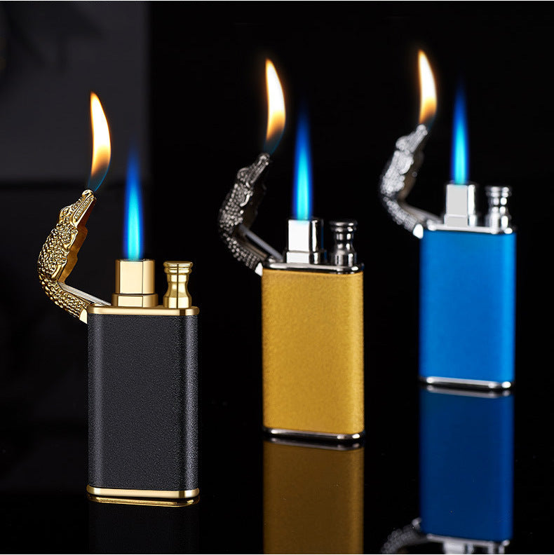 Creative Blue Flame Lighter Dolphin Dragon Tiger Double Fire Metal Winproof Lighter Inflatable Lighter pr
